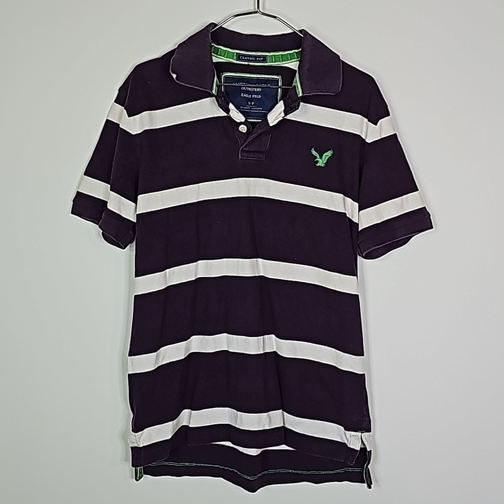 AMERICAN Eagle small purple and white striped classic fit short sleeve polo